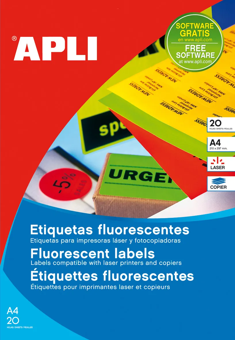 APLI ETIQUETAS ADHESIVAS 210X297MM LÁSER C/RECTOS 1 X 20H AMARILLO FLUORESCENTE