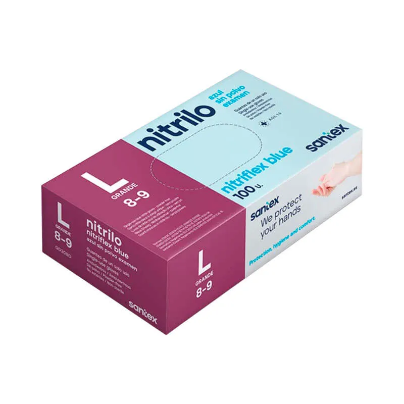 Santex Nitriflex Blue Pack De 100 Guantes De Nitrilo Para Examen Talla L - 3.5 Gramos - Sin Polvo - Libre De Latex - No Esteriles - Color Azul