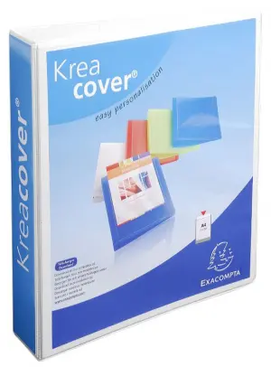 Exacompta Carpeta 4 Anillas Mixtas 50mm KreaCover Forrada PP A4+ Blanca con 3 Bolsos Exteriores