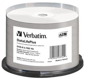 Verbatim DVD-R 4.7GB 16X 50 Pack Spindle DataLife Plus Inkjet Printable