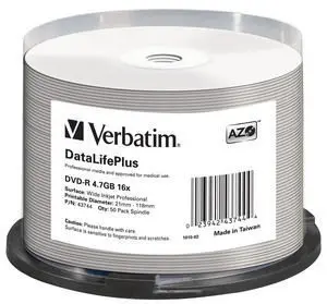 Verbatim DVD-R 4.7GB 16X 50 Pack Spindle DataLife Plus Inkjet Printable