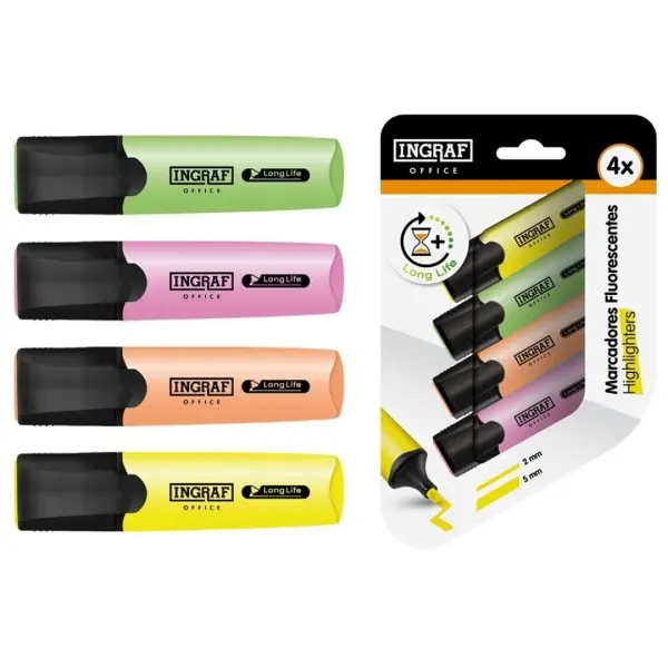Ingraf Long-Life Pack de 4 Marcadores Fluorescentes Punta Biselada Tinta Base de Agua 2-5mm