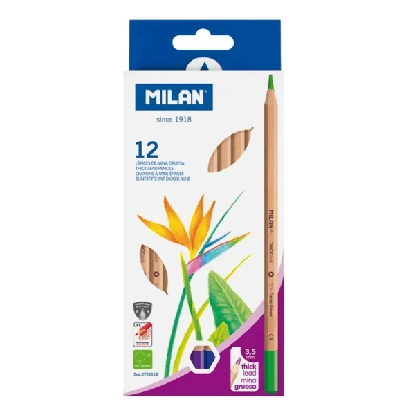 Milan Pack de 12 Lápices Hexagonales de Colores - Mina Gruesa 3.5mm - Madera FSC