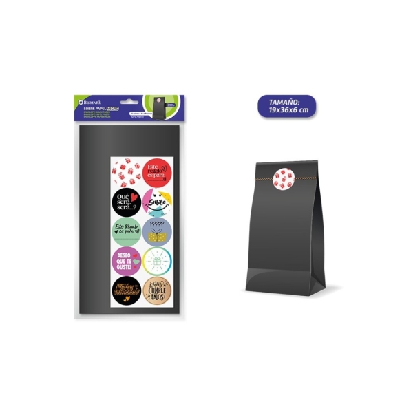Bismark Pack De 10 Sobres Papel Kraft 50Grs Con 10 Pegatinas Para Cierre - Medidas 19X36X6Cm - Ideal Para Regalos - Color Negro