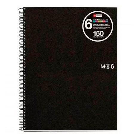 Miquelrius Cuaderno Espiral 150H A4 5X5Mm 70Gr 4 Taladros Microperforado 6 Bandas Color Tapa Pp Negro