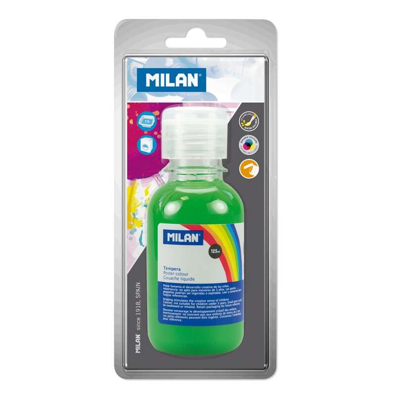 Milan Botella De Tempera 125 Ml - Tapon Dosificador - Secado Rapido - Mezclable - Color Verde Claro