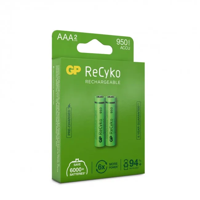 GP ReCyko Pack de 2 Pilas Recargables 950mAh AAA 1.2V - Precargadas - Ciclo de Vida: Hasta 1.000 Veces