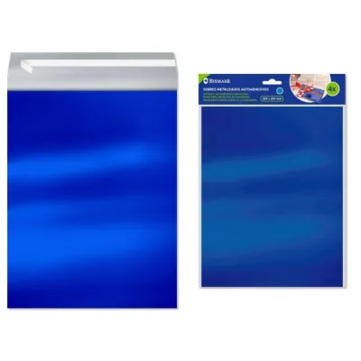 Bismark Pack De 4 Sobres Metalizados - Medidas 324X254Mm - Cierre Autoadhesivo - Ideal Para Regalos - Color Azul Metalizado