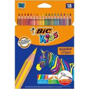 Bic Kids Evolution Stripes - Caja de 18 Lápices de Colores Surtidos, Punta Ultraresistente, Mina Pigmentada 3.20 mm