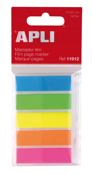 Apli Indices Adhesivos Film 45X12Mm 5 Colores Fluorescentes - 25 Indices Por Color - Facil De Pegar Y Despegar - Ideal Para Marcar Y Organizar - Practico Tamaño - Color Variado