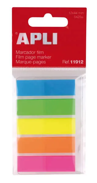 Apli Índices Adhesivos Film 45x12mm, 5 Colores Fluorescentes, 25 Índices por Color