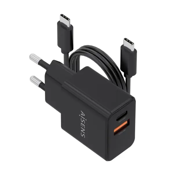Aisens Cargador Gan 20W USB-C PD3.0 y USB-A QC3.0 con Cable USB-C 1m Negro