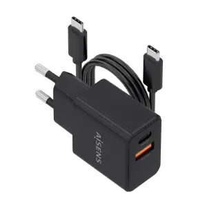 Aisens Cargador Gan 20W USB-C PD3.0 y USB-A QC3.0 con Cable USB-C 1m Negro