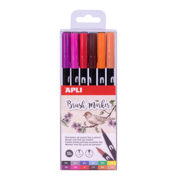 Apli Brush Marker Pack De 12 Rotuladores Acuarelables De Doble Punta - Punta Pincel De 1-4Mm Y Punta Redonda De 1Mm - Tinta Base De Agua Inodora Y No Toxica - Colores Surtidos