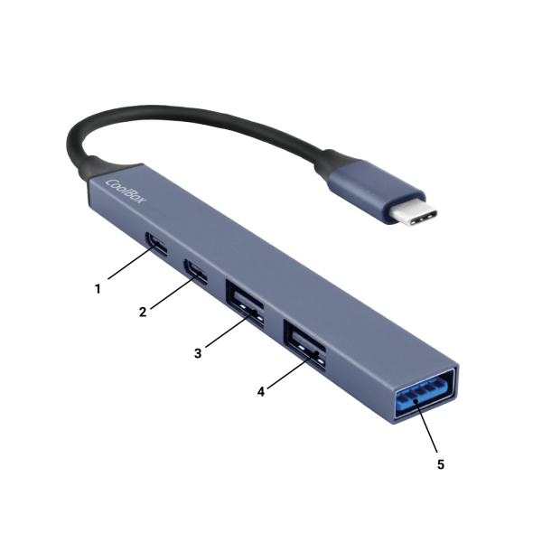 Coolbox 5 En 1 Hub Minidock5 Usb-C - 1X Usb-C Pd2.0, 1X Usb-C, 1X Usb-A 3.2 Gen1, 2X Usb-A 2.0 - Color Gris