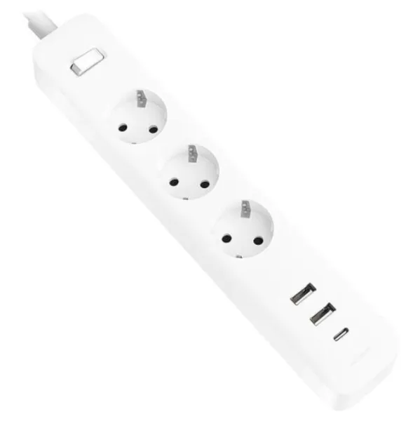 Xiaomi 20W Power Strip Regleta Con Interruptor - 3 Tomas Schuko - 2 Puertos Usb C 20W + 1 Usb A - Carga Rapida 20W - Material Retardante De Llama 750°C - Proteccion Infantil - Cable 1.4 M - Color Blanco