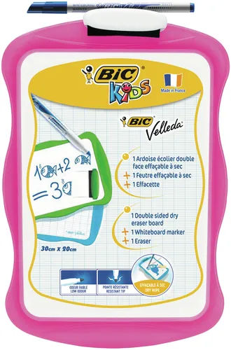 Bic Velleda Kids Pizarra Escolar Blanca Y Milimetrada + 1 Marcador Velleda Azul + 1 Borrador - Dimensiones: 20X30Cm - Colores Aleatorios