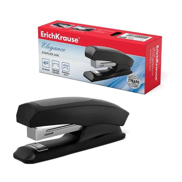Erichkrause Elegance Half-Strip Grapadora De Sobremesa - Grapa Hasta 30 Hojas - Grapado Abierto Y Cerrado - Admite Grapas 24/6 Y 26/6 - Resistente A Golpes - Color Negro