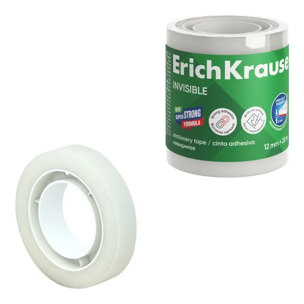Erichkrause Cinta Adhesiva Invisible 12Mmx20M - Superficie Mate - Apta Para Escribir Encima - Transparente