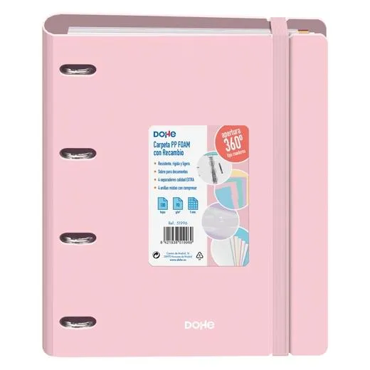 Dohe Carpeta Anillas Mixtas 4X35Mm Recambio A4 100H 5X5Mm 90Gr 4 Separadores Polyfoam Rosa Pastel