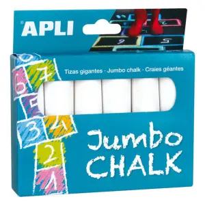 Apli Pack de 6 Tizas Redondas Jumbo Ø 25 x 105mm Color Blanco para Uso Escolar