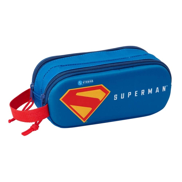 Safta Superman Estuche Portatodo 3D - 2 Compartimentos - Cierre De Cremallera - Asa De Mano - 21X8X6Cm - Color Rojo Y Azul
