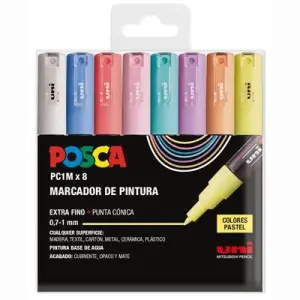 POSCA Estuche Basic PC-1M/8C No Permanente Punta Fina 0.9mm-1.3mm Surtidos Pastel - 8U