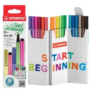 Stabilo Pen 68 Pack de 18 Rotuladores de Punta de Fibra - Tinta a Base de Agua