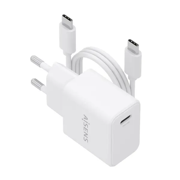 Aisens Cargador Gan 20W con 1xUSB-C PD3.0 y Cable USB-C de 1m - Blanco