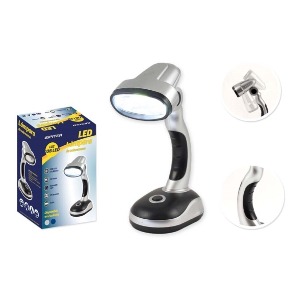 Jupiter Lampara De Sobremesa Cob-Led 40Lm - Tambien Se Puede Usar Como Linterna - Funciona Con 3 Pilas Aa - Color Plata/Negro