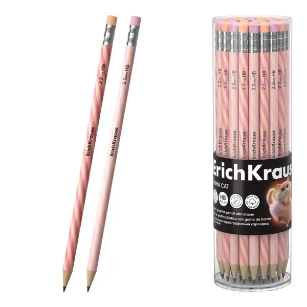 ErichKrause Prima Cat Lápiz de Grafito HB con Goma de Borrar - Cuerpo Redondo y Ergonomía
