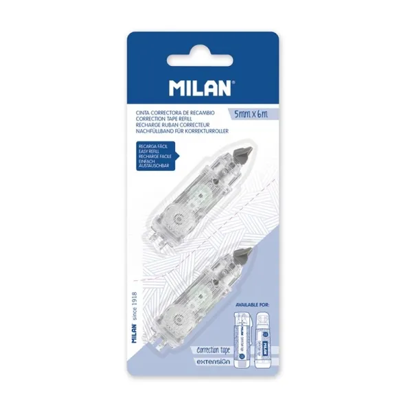 Milan Recambio Cinta Correctora Cilíndrica 5mm x 6m Blíster 2 Unidades