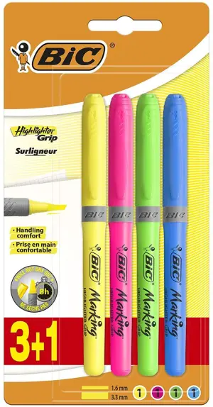 Bic Pack de 4 Marcadores Fluorescentes con Punta Biselada - Tinta a Base de Agua