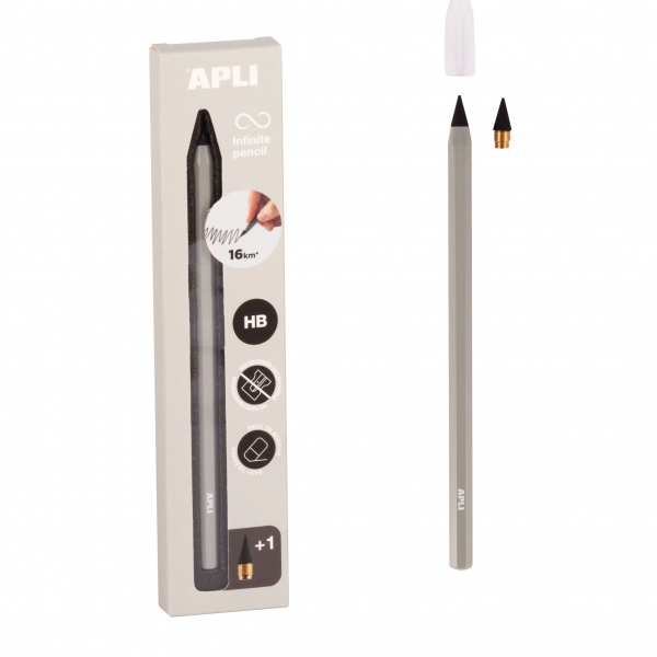 Apli Infinite Pencil Pack De Lapiz Infinito Hb + Mina De Recambio + Tapon Protector - Para Escribir Hasta 16Km - Color Gris