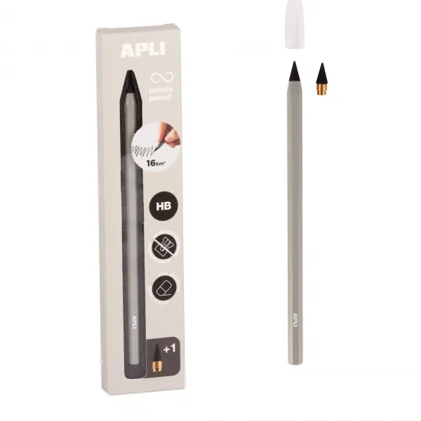 Apli Infinite Pencil Pack De Lapiz Infinito Hb + Mina De Recambio + Tapon Protector - Para Escribir Hasta 16Km - Color Gris