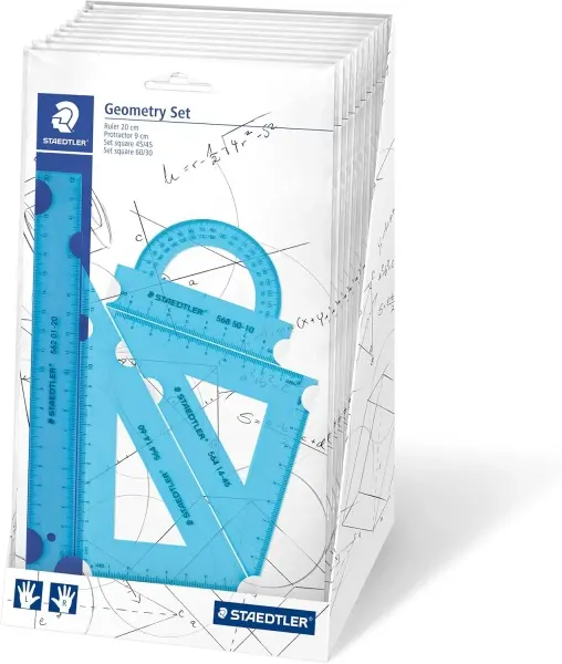 Staedtler Expositor con 18 Packs de Reglas Neon - Incluye Regla Recta 20cm, Transportador, Escuadra 60/30 Grados y Cartabón 45 Grados