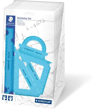 Staedtler Expositor con 18 Packs de Reglas Neon - Incluye Regla Recta 20cm, Transportador, Escuadra 60/30 Grados y Cartabón 45 Grados