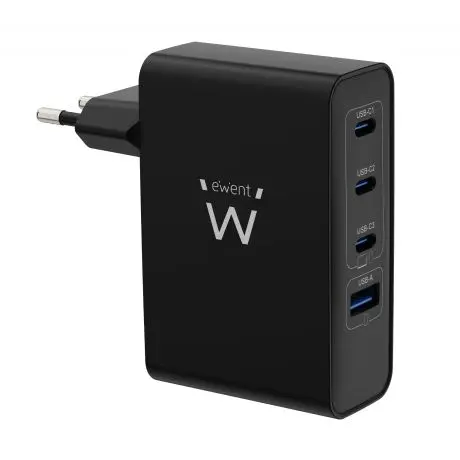 Ewent Cargador GaN Universal de Pared 100W - 3x USB-C PD 3.0 y 1x USB-A QC 3.0 - Negro