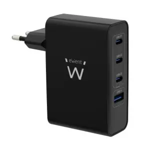 Ewent Cargador GaN Universal de Pared 100W - 3x USB-C PD 3.0 y 1x USB-A QC 3.0 - Negro