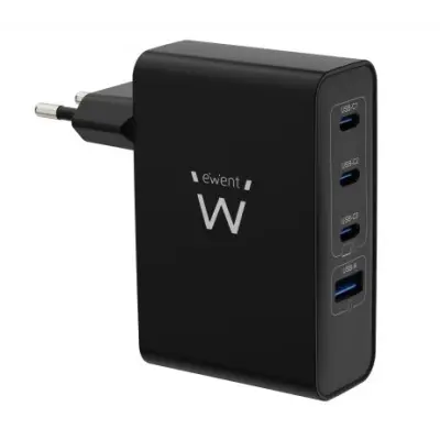 Ewent Cargador GaN Universal de Pared 100W - 3x USB-C PD 3.0 y 1x USB-A QC 3.0 - Negro