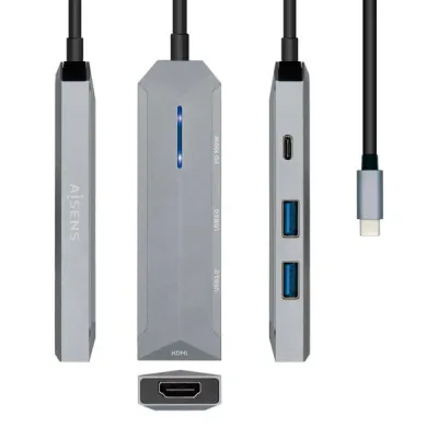 Aisens USB-C Dock 4 en 1 con 1xHDMI, 2xUSB, 1xPD, 15cm, Color Gris