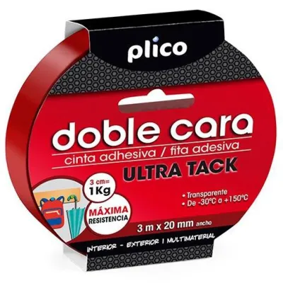 Plico Cinta Adhesiva Transparente Doble Cara Ultra Tack 20mm x 3m