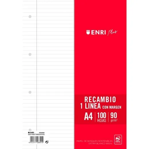 Enri Recambio Plus 100H A4 90Gr 1 Línea C/Margen 4 Taladros