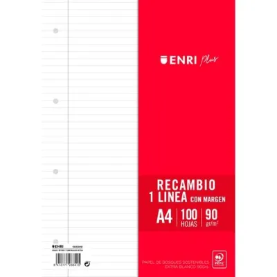 Enri Recambio Plus 100H A4 90gr 1 Línea con Margen 4 Taladros
