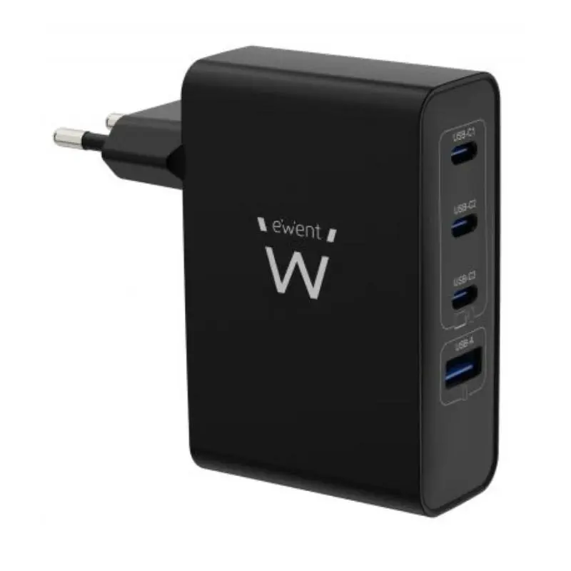 Ewent Cargador GaN Universal de Pared 100W - 3x USB-C PD 3.0 y 1x USB-A QC 3.0 - Negro