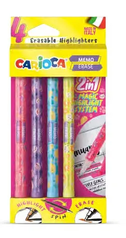 Carioca Memo Erase 2 en 1 Pack de 4 Rotuladores con Punta Subrayadora y Borrador