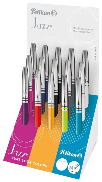 Pelikan Jazz Classic Expositor Con 15 Boligrafos Retractiles - Trazo De 1Mm - Mecanismo De Giro - Capuchon Y Clip Cromados - Recambio 337M Negro - Colores Surtidos