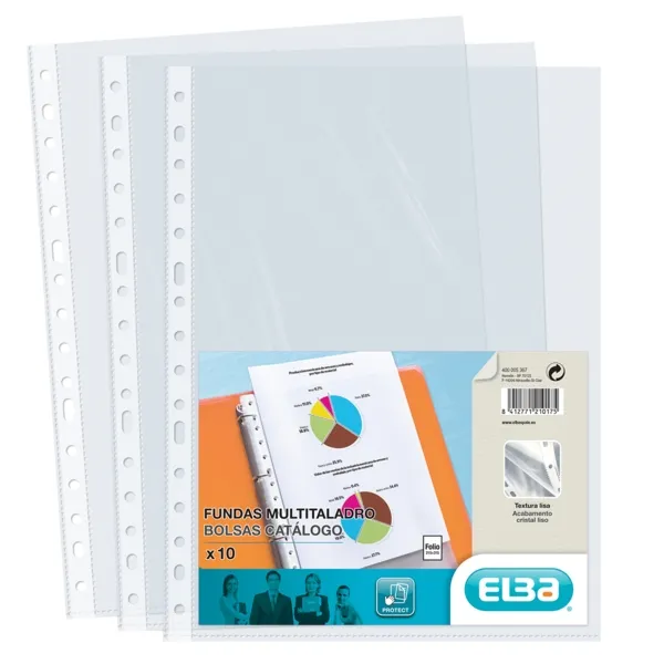 Elba Pack de 10 Fundas Multitaladro PP 70 Micras Tamaño Folio Acabado Cristal