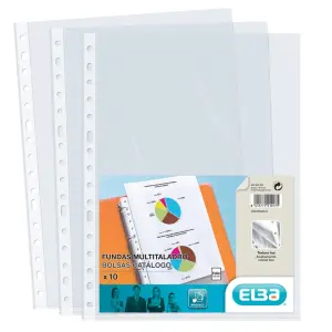 Elba Pack de 10 Fundas Multitaladro PP 70 Micras Tamaño Folio Acabado Cristal
