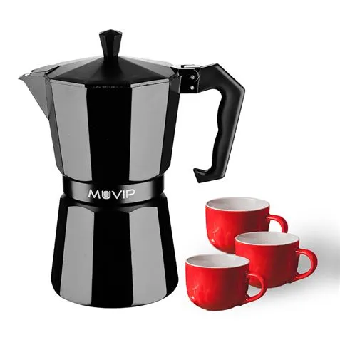 Muvip Mv0606 Cafetera De Aluminio - Capacidad 3 Tazas - Mango Ergonomico - Antiadherente - Apta Para Placas Electricas, Vitroceramicas Y Gas - Color Negro Mate
